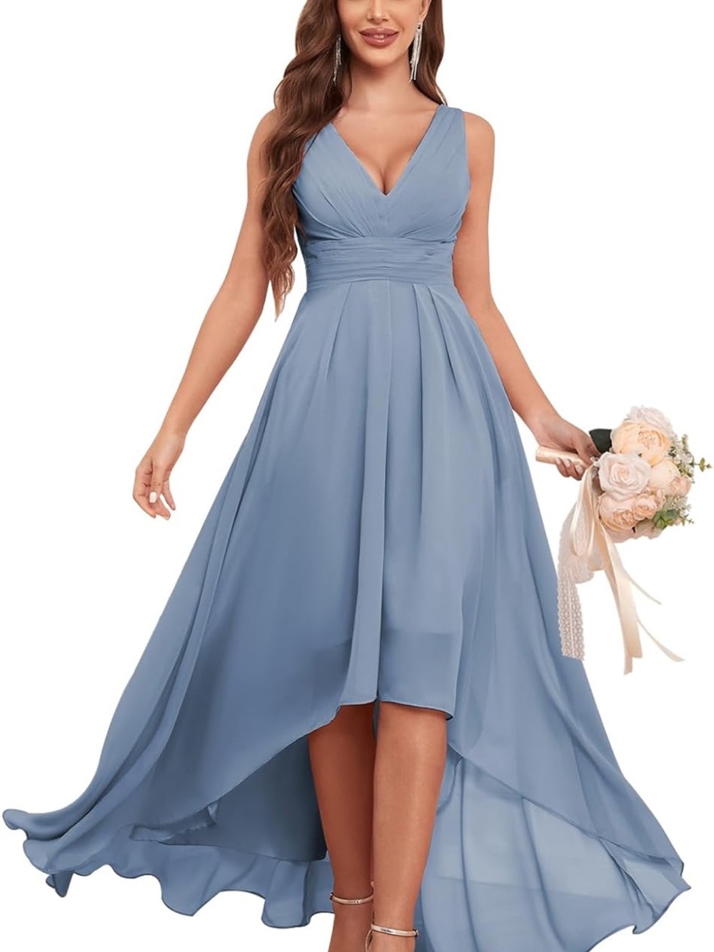 Elegant Light Blue V-Neck High-Low Bridesmaid Dress